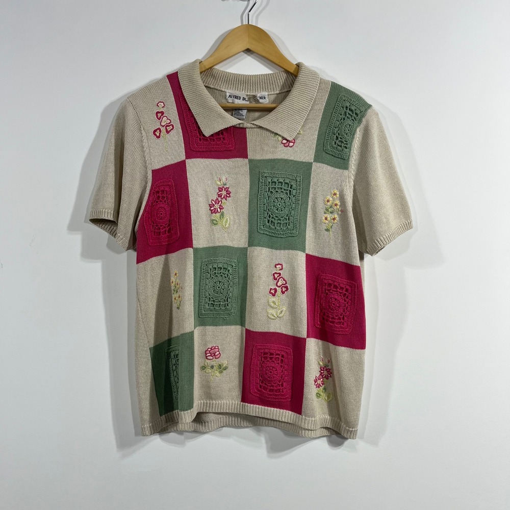 Alfred Dunner VTG Floral Embroidered Crochet Patchwork Knit Polo Sweater Large